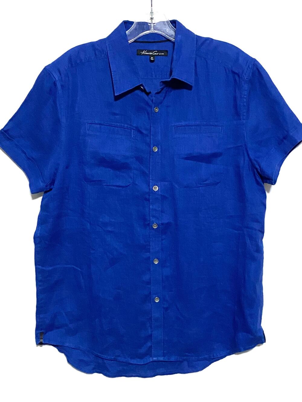 Kenneth Cole Linen Blue Button Down Shirt Men M Pockets Lightweight Coastal Camp